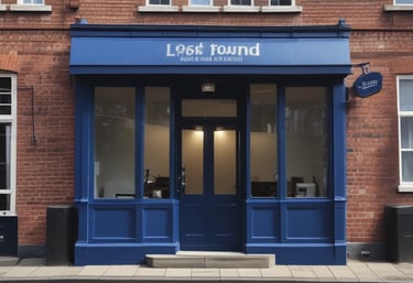A signboard on a city sidewalk has a handwritten message stating that a child has been found and the writer will wait in a Louis Vuitton store. The sign is placed against the base of a lamppost, next to a fire hydrant. The background features a storefront with large windows and some reflections, typical of a commercial area.
