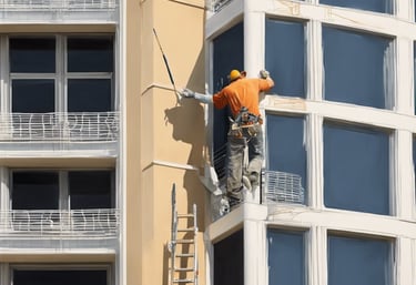 Professional painter working on exterior high-rise building painting project in Douglas, GA by Garnet Painting & Remodeling.