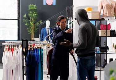 Retail security personnel confronting a suspected shoplifter, highlighting the importance of AI-powered surveillance cameras