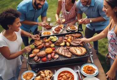 A group of friends laughing together on a sunny beach picnic with blankets and baskets.