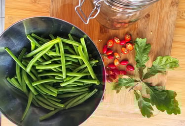 green beans rosehip berries oak leaves