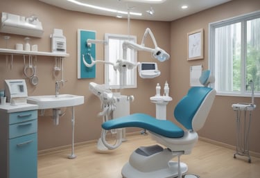 A modern dental clinic room featuring a dentist's chair with purple upholstery and an adjacent matching stool. The room is equipped with dental instruments, an overhead examination light, and a wall-mounted monitor. The walls are adorned with neutral-colored blinds, and there is an air conditioning unit above the equipment. The floor is polished, adding to the clean and sterile atmosphere.
