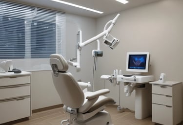 A bright and modern dental clinic room with turquoise dental chairs and equipment. The room is well-lit, featuring a large window with blinds on the right. Cabinets with drawers, decorative plants, and art pieces on the wall enhance its aesthetic appeal.