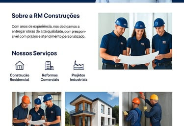 Engenheiro da RM Construções com capacete e projeto na mão sobre fundo escuro.
