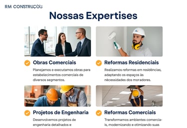 Engenheiro da RM Construções com fundo azul institucional.