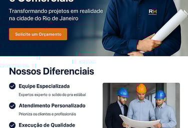 Profissional da RM Construções com uniforme apresentando serviços de reformas no Rio de Janeiro.