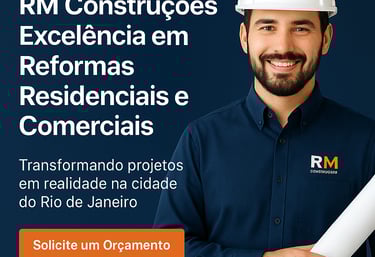 Página inicial da RM Construções mostrando diferenciais como equipe especializada e atendimento pers