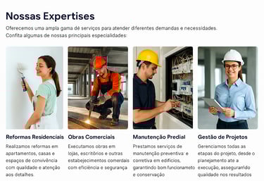 Equipe administrativa da RM Construções trabalhando em escritório padronizado com uniformes oficiais