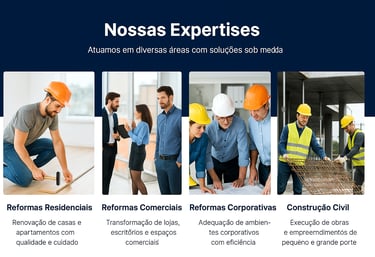 Estrutura institucional do site da RM Construções com foco no cliente e serviços.