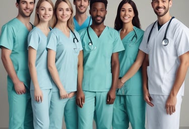 A group of diverse healthcare professionals wearing modern scrubs in a bright hospital setting.