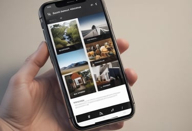 A hand holding a smartphone displaying a webpage titled 'Creating a Brand' with navigation options like Home, Discovery, Members, and Topics. The background is out of focus, providing a neutral setting.