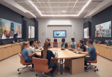 Several individuals in white lab coats are wearing virtual reality headsets in a laboratory setting. Anatomical models and educational tools are visible on tables and shelves, indicating a medical or educational environment. The individuals appear to be using hand controllers while engaged in a virtual reality experience.