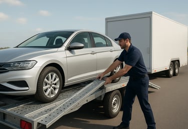 Guy loading car onto car transport