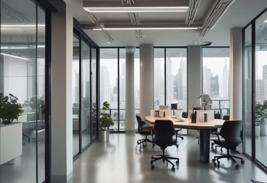 Oficina moderna con sala de juntas, mesa redonda y ventanales con vista a la ciudad.