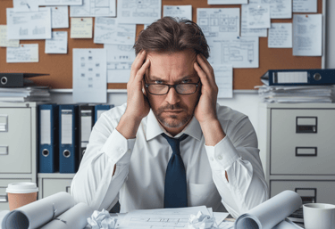 Hombre estresado en escritorio desordenado con planos. Fondo: tablero con notas.