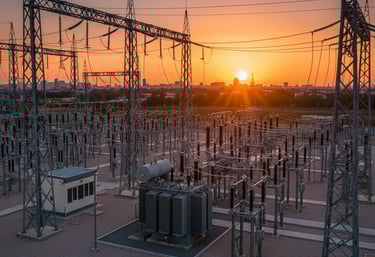 Subestación eléctrica con transformador principal al atardecer y líneas de alta tensión