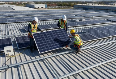 Tres técnicos instalando paneles solares fotovoltaicos en la cubierta de un almacén industrial
