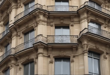 A large building with classic architectural features, including arched window frames and ornate detailing, is under renovation. Scaffolding is erected along the side, reaching up to the roof. The building has a muted, aged facade with multiple windows, some of which are open.