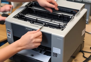 Close-up of a technician repairing a printer in a modern workshop.