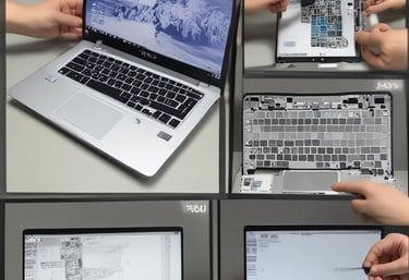 Hands installing printer cartridges and checking printer settings on a desk.