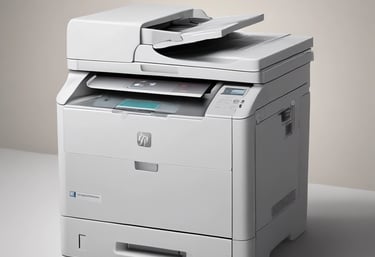 Technician repairing a printer in a modern workshop environment.