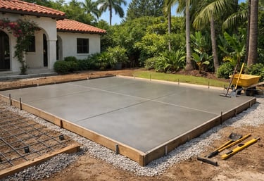 residential construction site in Coral Gables, Florida, showing a newly poured reinforced concrete slab foundation
