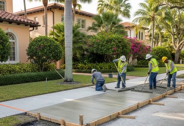 construction crew in high-visibility vests working on a new residential sidewalk in Coral Gables, Florida