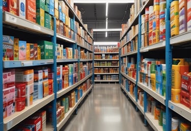 A diverse team collaborating over a table filled with FMCG products and digital devices.