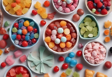 Colorful assortment of freeze-dried organic candies and ice cream scoops arranged invitingly on a rustic wooden board.