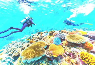 Mergulhador com cilindro explorando recifes de coral coloridos nas águas cristalinas, Mar Vermelho,em Sharm El Sheikh, Egito