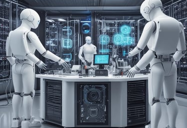 A diverse group of students engaging with AI course material on laptops and tablets in a cozy home setting.