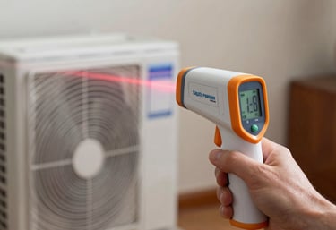 Close-up of a digital laser thermometer measuring the output air temperature of a Split unit, indicating precision and technical control, South American / Argentine home setting.