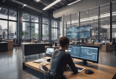 A clean, modern workspace featuring a laptop with product review content on screen and a cup of coffee.