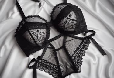 Delicate lace lingerie displayed on a white and light pink striped surface.