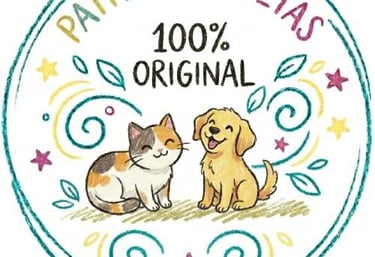 Patitas Coquetas logo featuring a cute illustrated cat and dog with 100% original text.