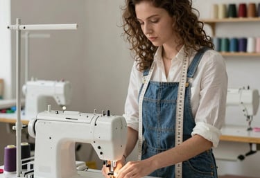 Mujer con delantal de mezclilla en su taller de costura