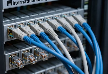 A close-up photograph of precision-organized structured cabling with light grey and navy blue ethernet wires in a International English data center.