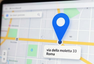 A digital screen showing a navigation map with a pin on via della moletta 33, Rome. High-tech and efficient atmosphere using the #8DAFB5 palette.
