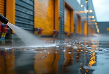 Nettoyage à haute pression d'un sol en béton à l'extérieur d'un entrepôt doté de portes jaunes