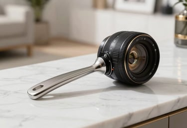 A luxury aesthetic tool displayed elegantly on a white marble surface in a bright, modern Californian room.