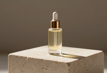A glass bottle of high-end facial oil on a cream stone pedestal, illuminated by soft Californian morning light.