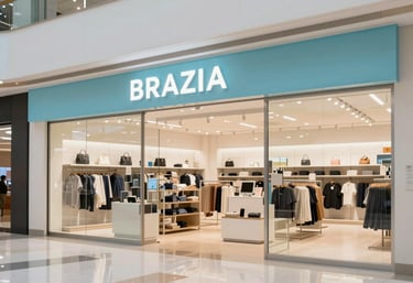 A clean, modern retail store interior in a Brazilian mall, showing well-integrated branding elements and signage that guides customers, bright and airy atmosphere with light blue accents.