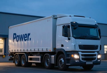A close-up of a freight truck at a loading dock at dusk in a British industrial park. Cool blue tones, cinematic lighting, emphasizing large-scale distribution power.