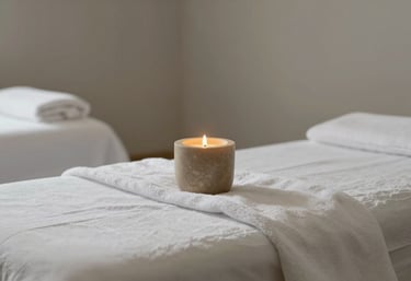 A peaceful wellness treatment room with white linens, warm light gray walls, and a muted taupe stone candle holder.
