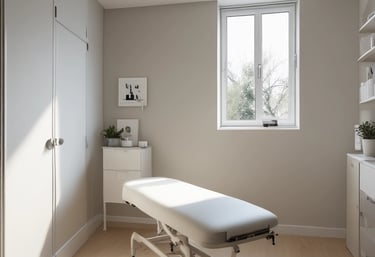 A calm therapy room with a treatment table and soft natural light.