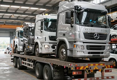 A vibrant map highlighting trade routes between Cameroon, Africa, and Europe with icons of machinery and vehicles.