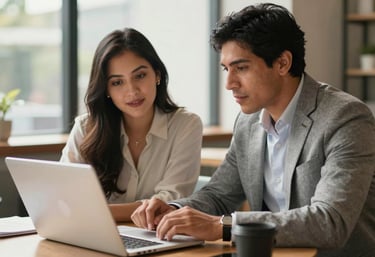 A collaborative scene of two South American professionals in business casual attire discussing a project over a laptop in a sunlit lounge area, professional and clean style.