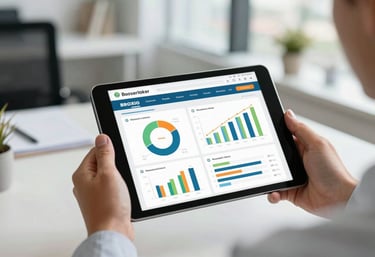 Modern tablet showing a property management dashboard with graphs, held by a professional in a bright Brazilian office.