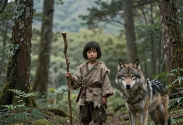 Illustration of Miki standing alone in a misty mountain village surrounded by ancient trees.
