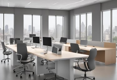 A sleek modern office with ergonomic furniture and a bright, open layout.